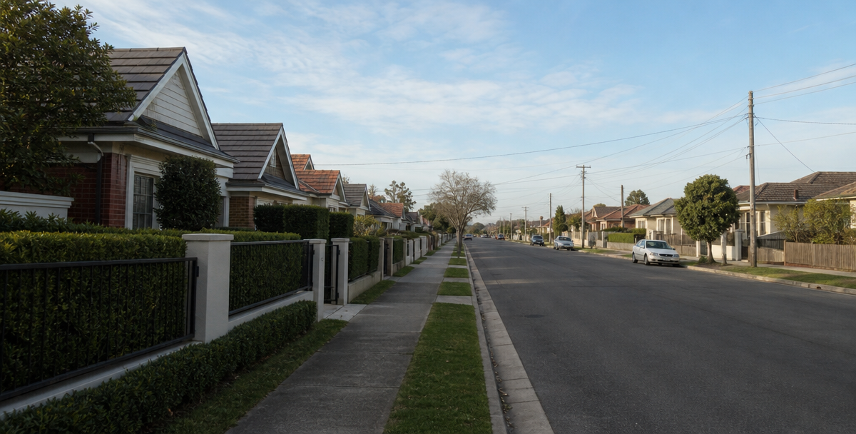 single street where a tidier, more manicured stretch near a school gradually gives way to plainer homes further along, reflecting how school-related price premiums tend to be localised rather than universal.