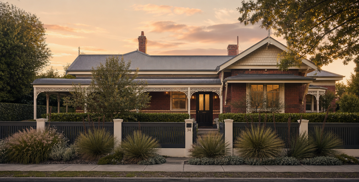 A well-established Geelong-style family home with coastal-style garden planting in warm aernoon light, reflecting a confident, balanced family relocation decision.