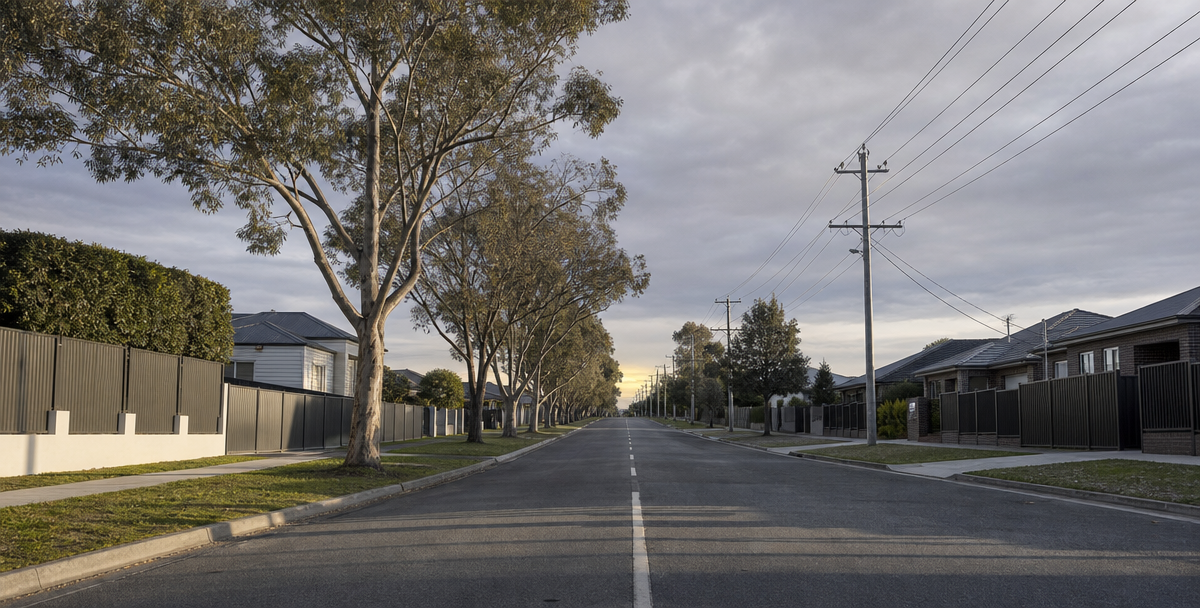 A quiet Australian suburban street stretching toward the horizon, reflecting the idea of setting a clear destination before buying.