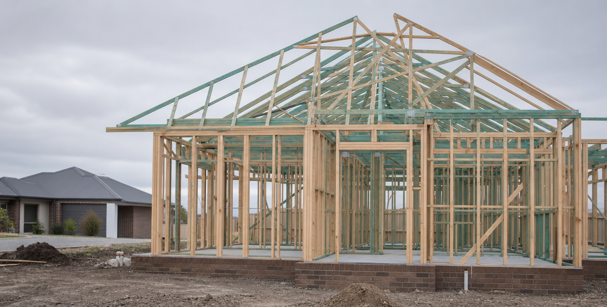 A timber house frame under construction on an Australian building site , reflecting the importance of setting ownership structure early.