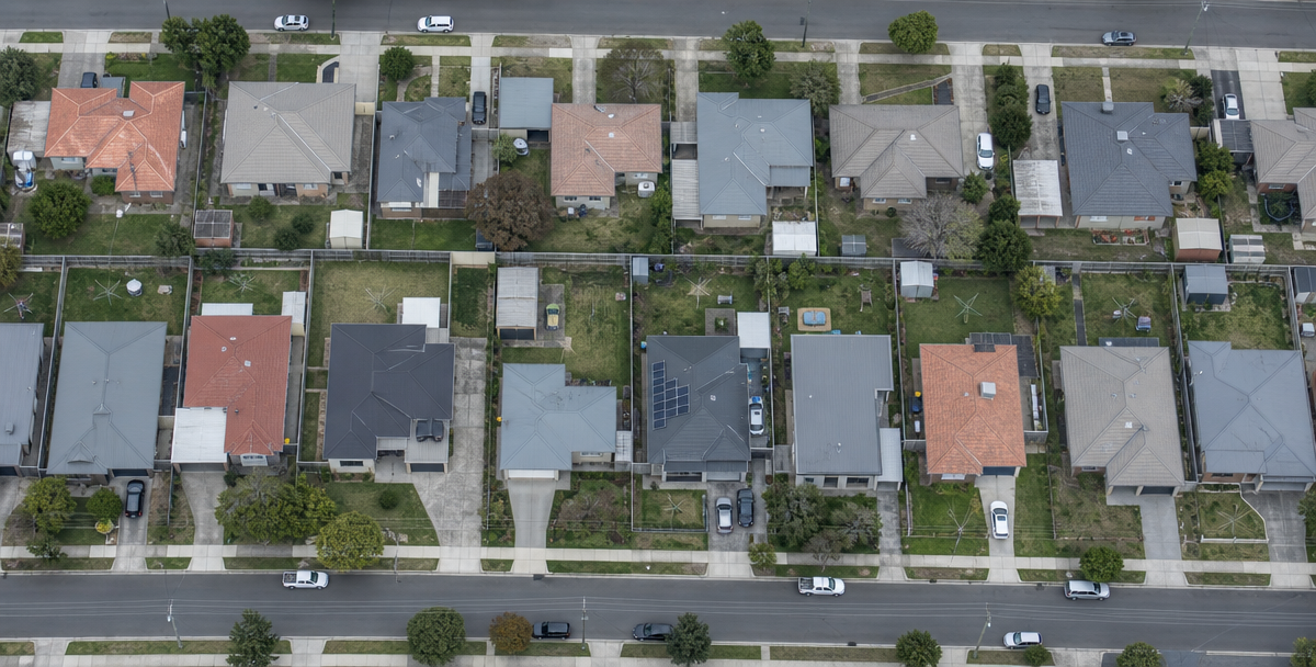 A top-down aerial view of adjoining Australian suburban land parcels, illustrating land tax as a portfolio-wide issue rather than a single-property one.