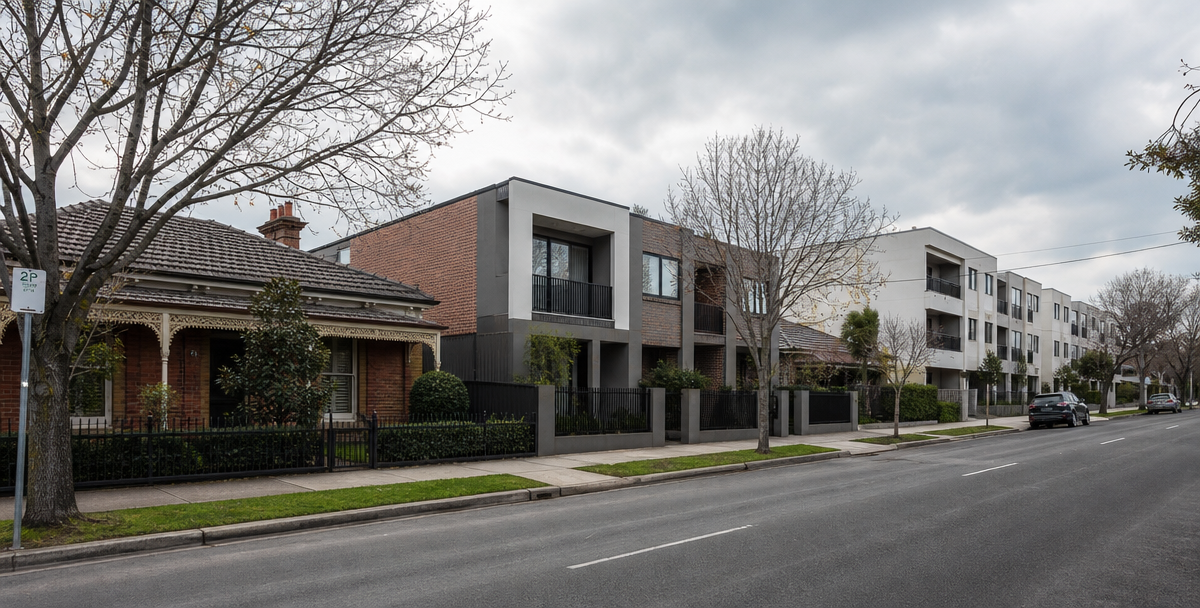 An Australian street showing a house , a townhouse and a low-rise unit block together, reflecting the discipline of a clear buy-box.