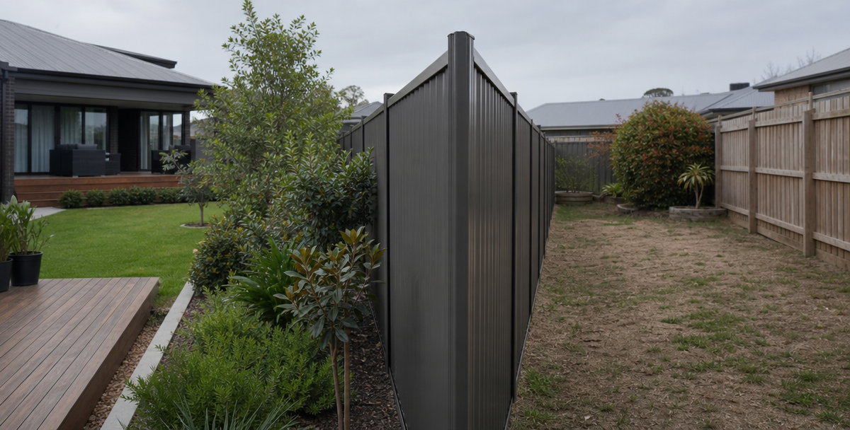 A shared boundary fence between two adjoining Australian properties with different garden treatments, reflecting how structure changes the outcome of a purchase.