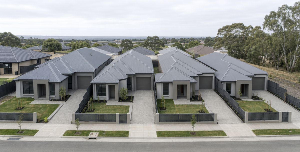 A small, uniform cluster of established Australian townhouses viewed from a rise, reflecting a deliberately built second wealth engine.