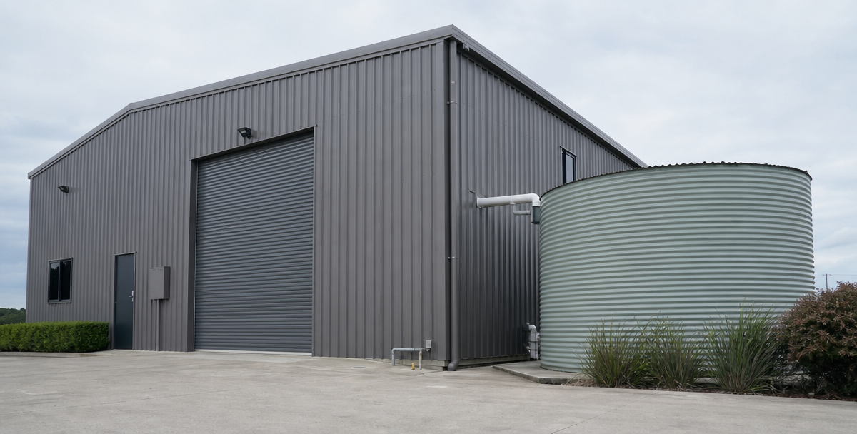 A plain Australian commercial building with a large storage tank beside it, reflecting the reserves a business decides to keep before deploying surplus profit.