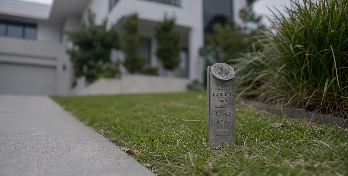 A surveyor's boundary peg set in lawn at the corner of an Australian property, reflecting land tax considered across the wider portfolio.