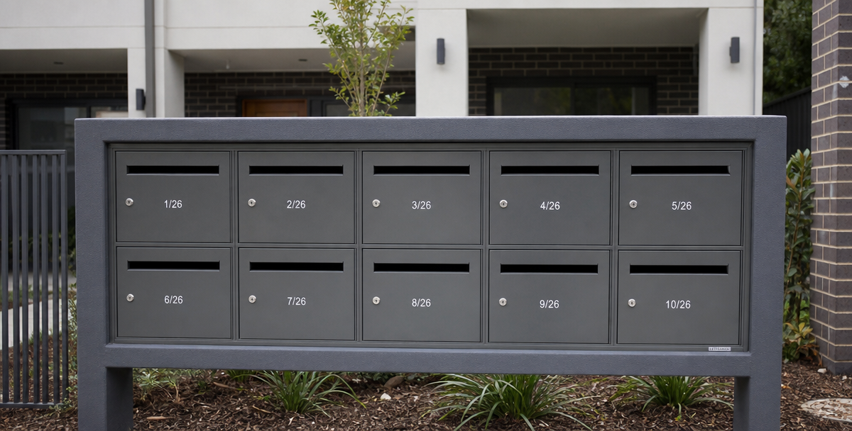 A shared bank of individual letterboxes at an Australian townhouse entrance, reflecting separate advisers coordinated around one brief.