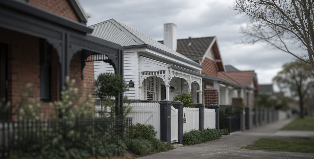 An Australian street shot with one home in sharp focus and the others softened, reflecting a buy-box that filters the search rather than chasing every listing.