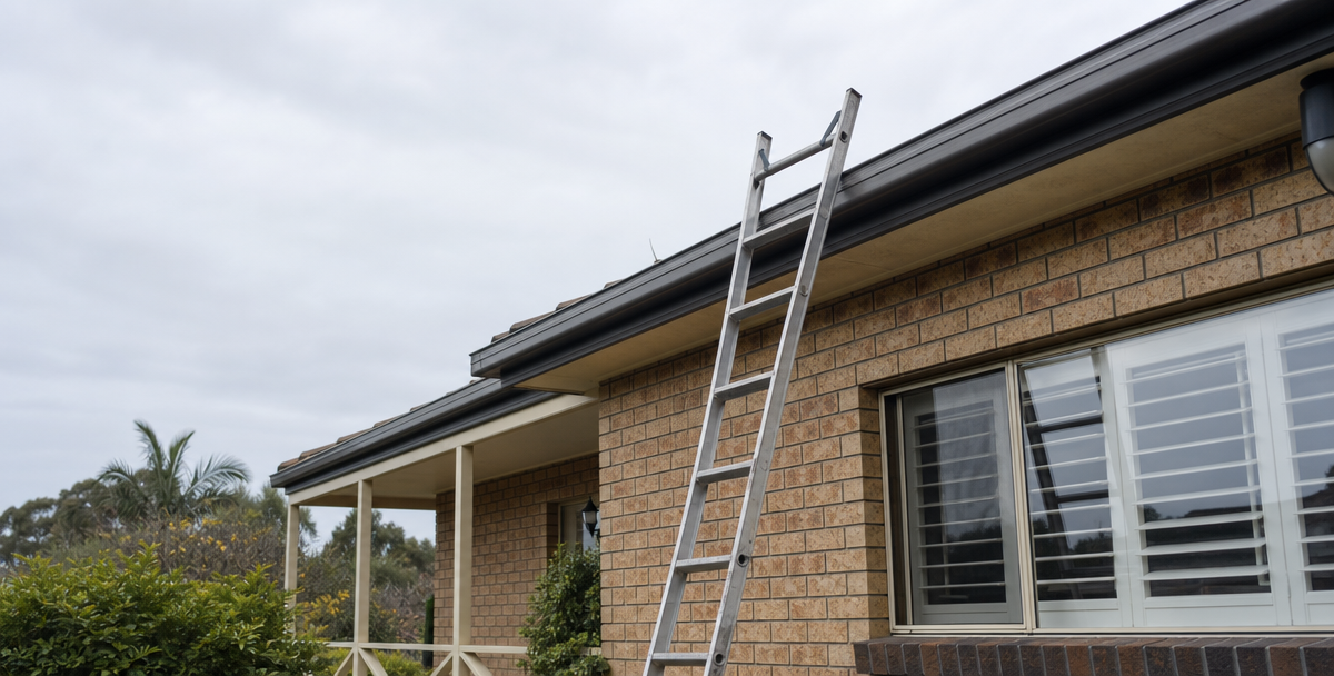 A ladder resting against the exterior of an established Australian home, reflecting the practical inspection work behind due diligence.