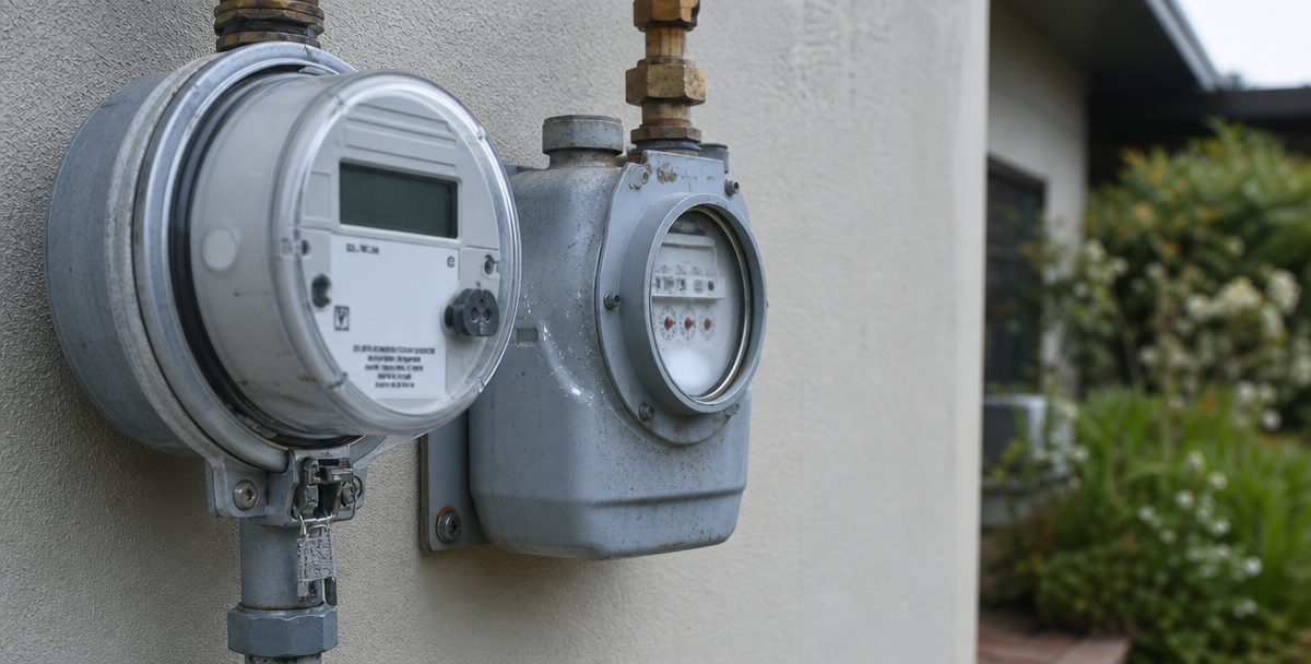 Water and electricity meters mounted on an Australian home's exterior wall, reflecting the ongoing holding costs behind an investment property.