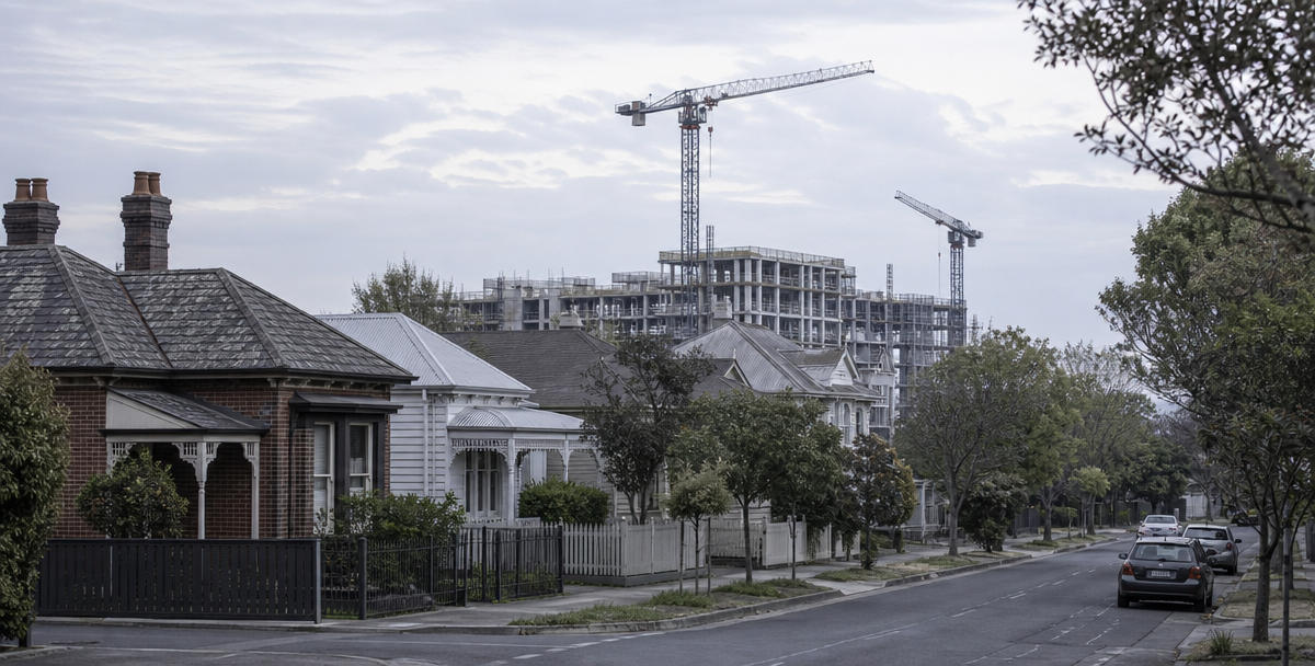 An established Australian street with construction cranes visible on the horizon, reflecting how future supply can affect an area's demand and risk profile.