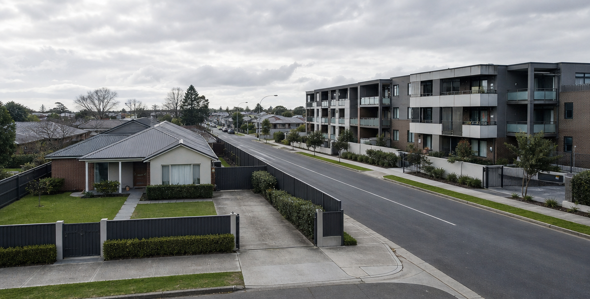 A freestanding house and a low-rise apartment building seen together on the same Australian street, reflecting a deliberate choice between asset types.