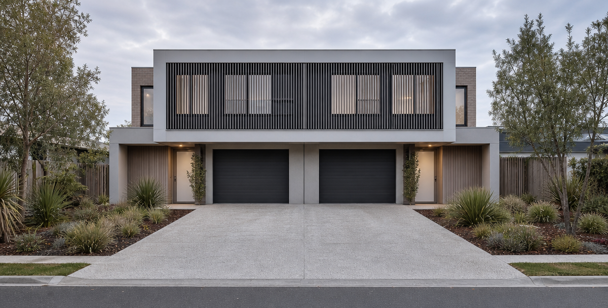 A single driveway splitting toward multiple garages on an Australian property, reflecting separate specialists working from one shared brief.