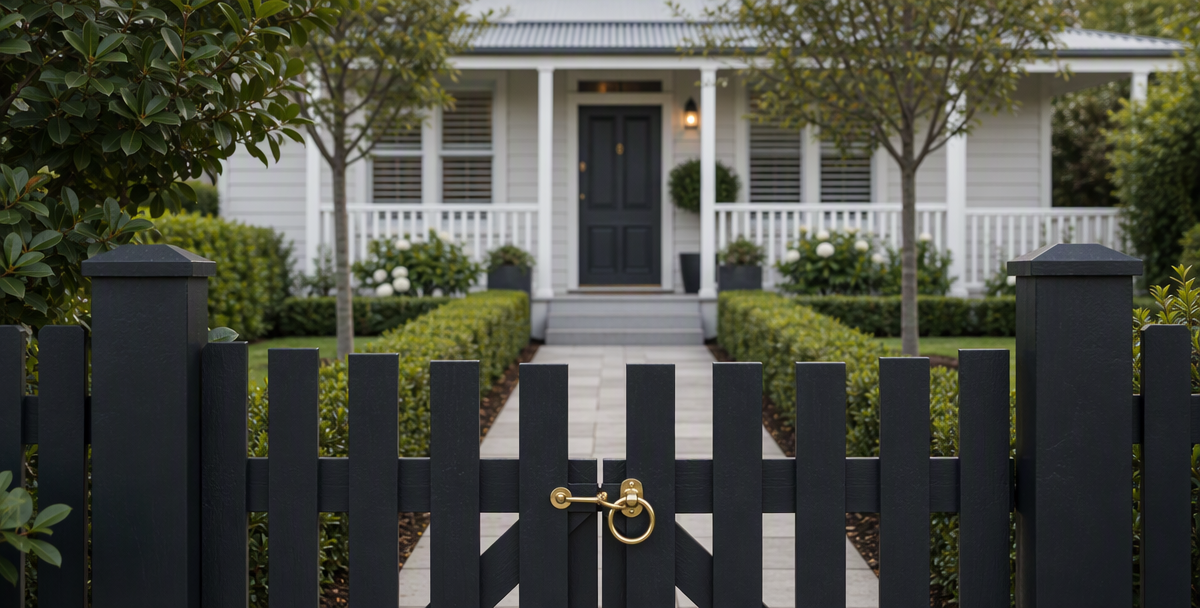 closed front gate with a straight path leading to an Australian home's front door, reflecting what to set up before buying an investment property.