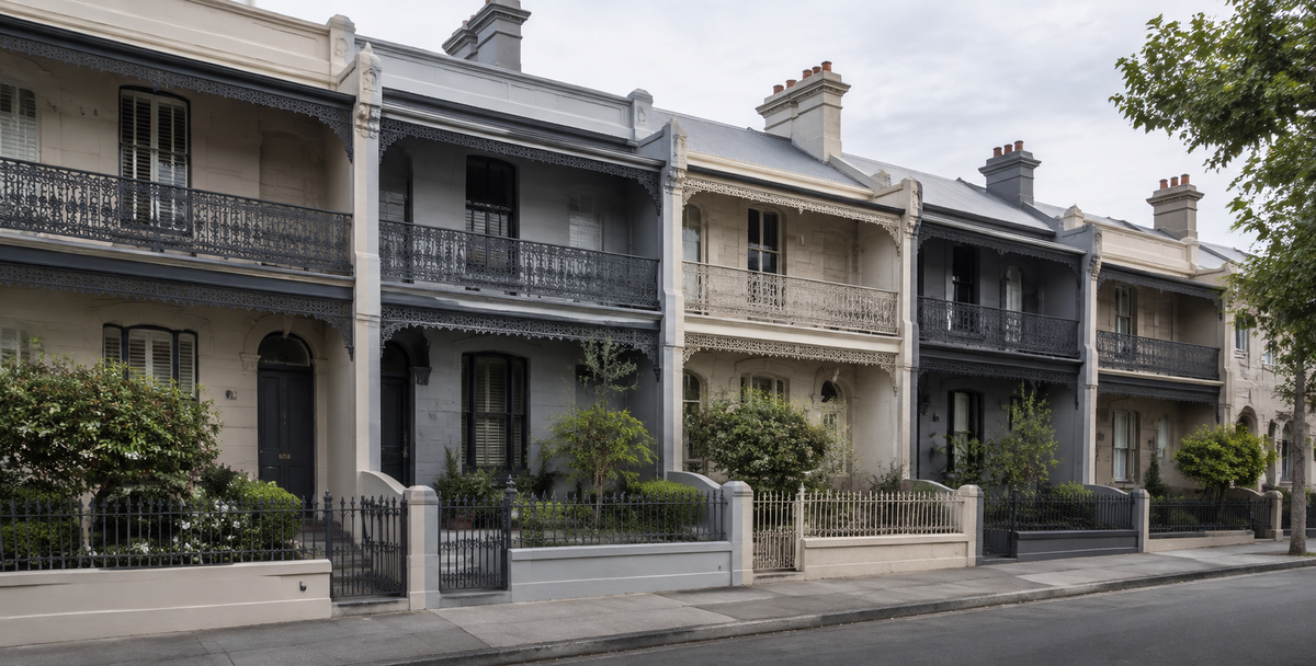 A row of attached Australian terrace houses with distinct facades and a shared roofline , reflecting the different ownership structures available to investors.