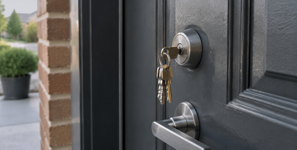 Keys in the front-door deadbolt of an established Australian home , reflecting settlement as the point where the name on the title is set.