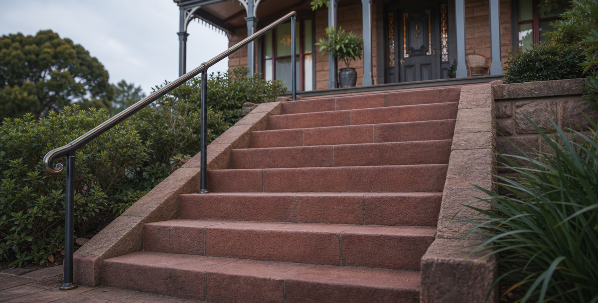Brick front steps rising to the veranda of an established Australian home , reflecting the staged process of working with a property advisor.