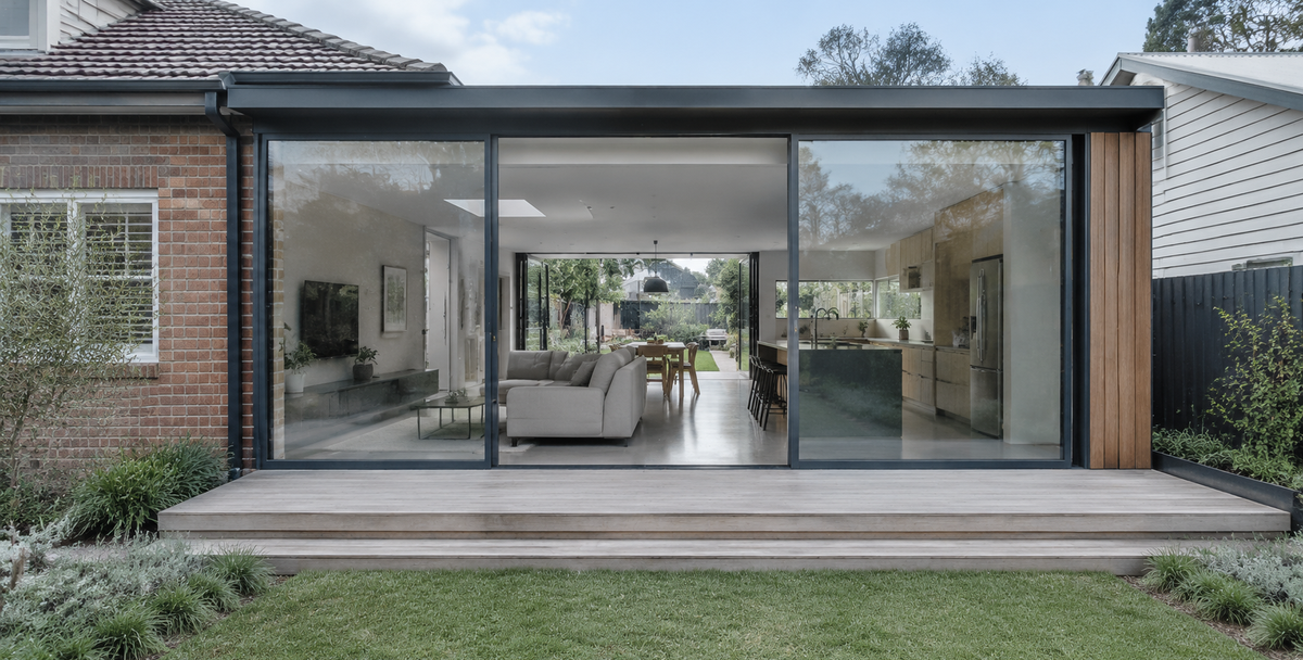 A glass-walled rear extension on an Australian home with a clear view through to the garden, reflecting the transparency to look for when assessing a property advisor.