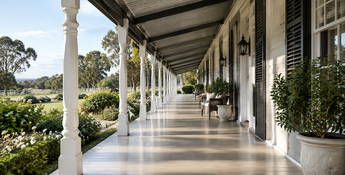 Evenly spaced veranda posts lining up along an established Australian home , reflecting the conditions that should align before deploying surplus profit.