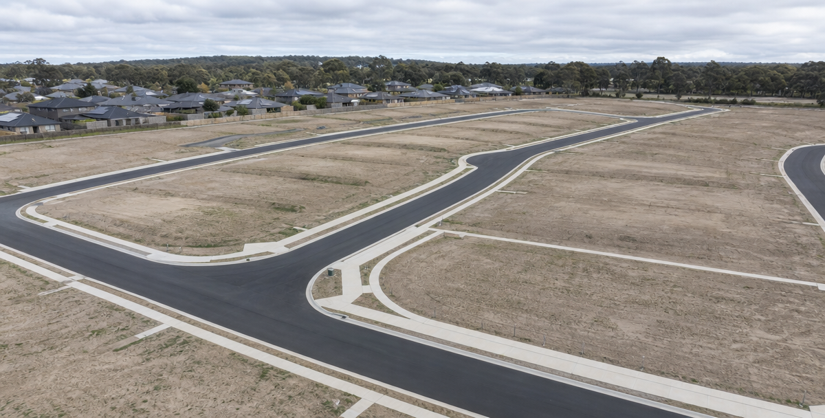 A newly laid-out Australian residential estate with kerbs and roads but no homes yet, reflecting the rules a buy-box sets before the property search begins.