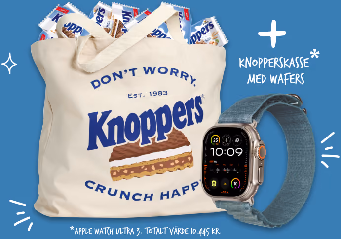 Knoppers tote bag filled with Knoppers wafers and Apple Watch Ultra 3 with blue strap on blue background.