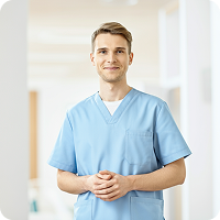 Smiling male nurse in blue scrubs standing with hands clasped in a bright medical hallway.