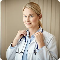 Smiling female doctor in white coat adjusting her stethoscope in a beige office.