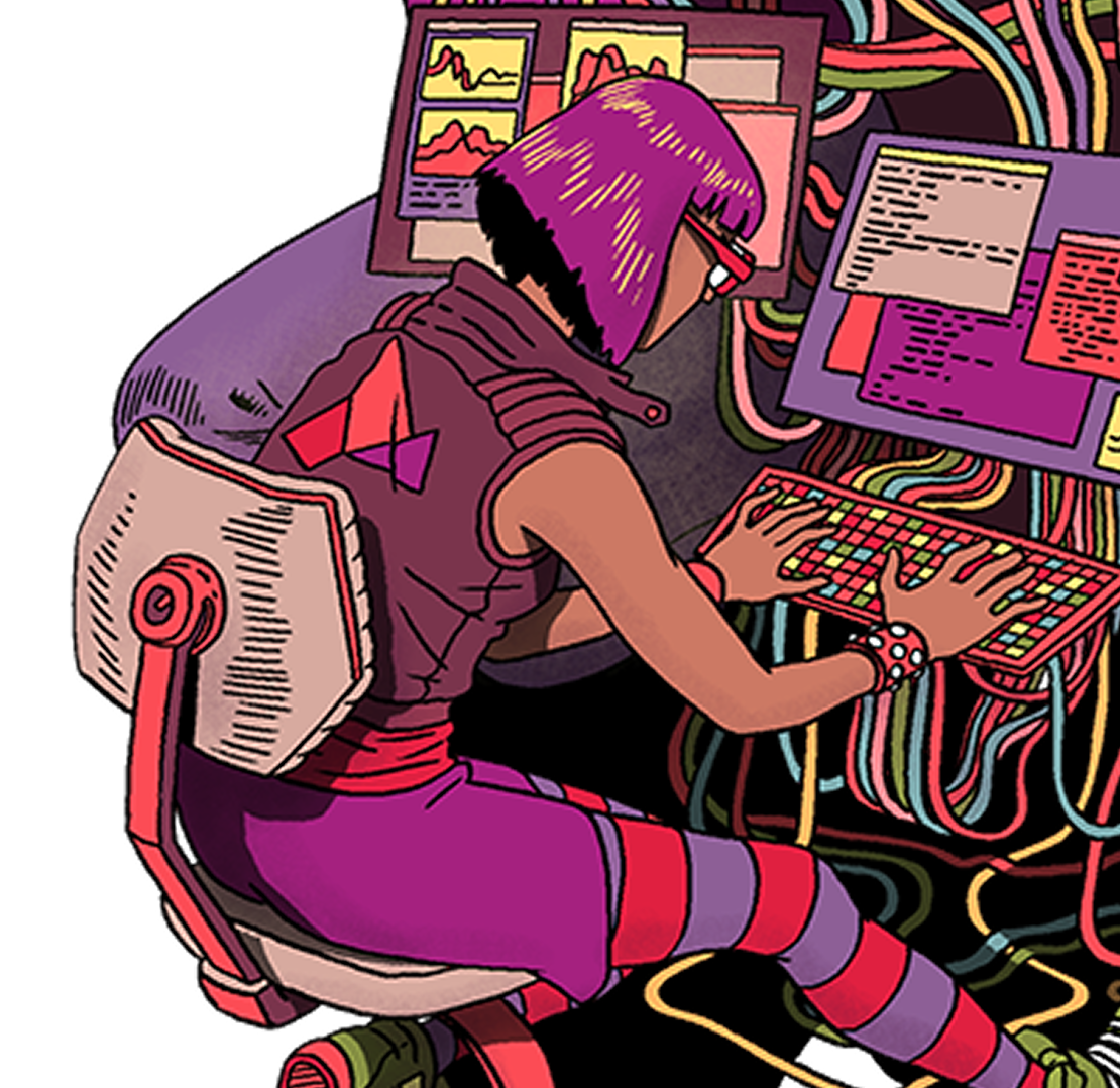 Futuristic illustration of tech with characters and computers branded Tsolo