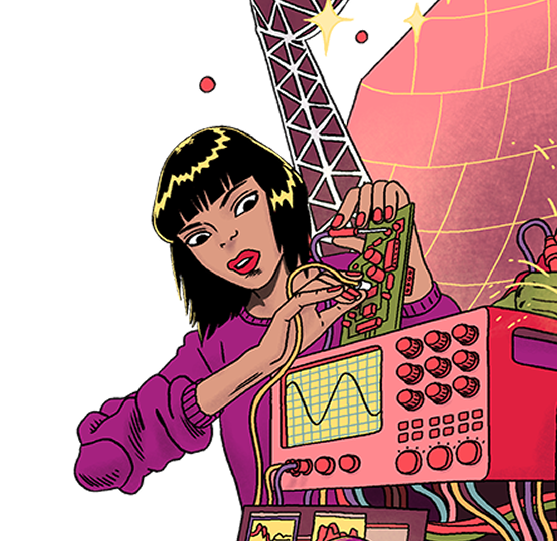 Futuristic illustration of tech with characters and computers branded Tsolo