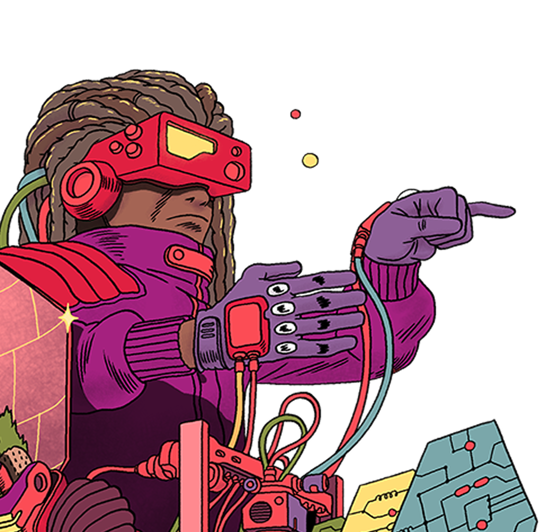 Futuristic illustration of tech with characters and computers branded Tsolo
