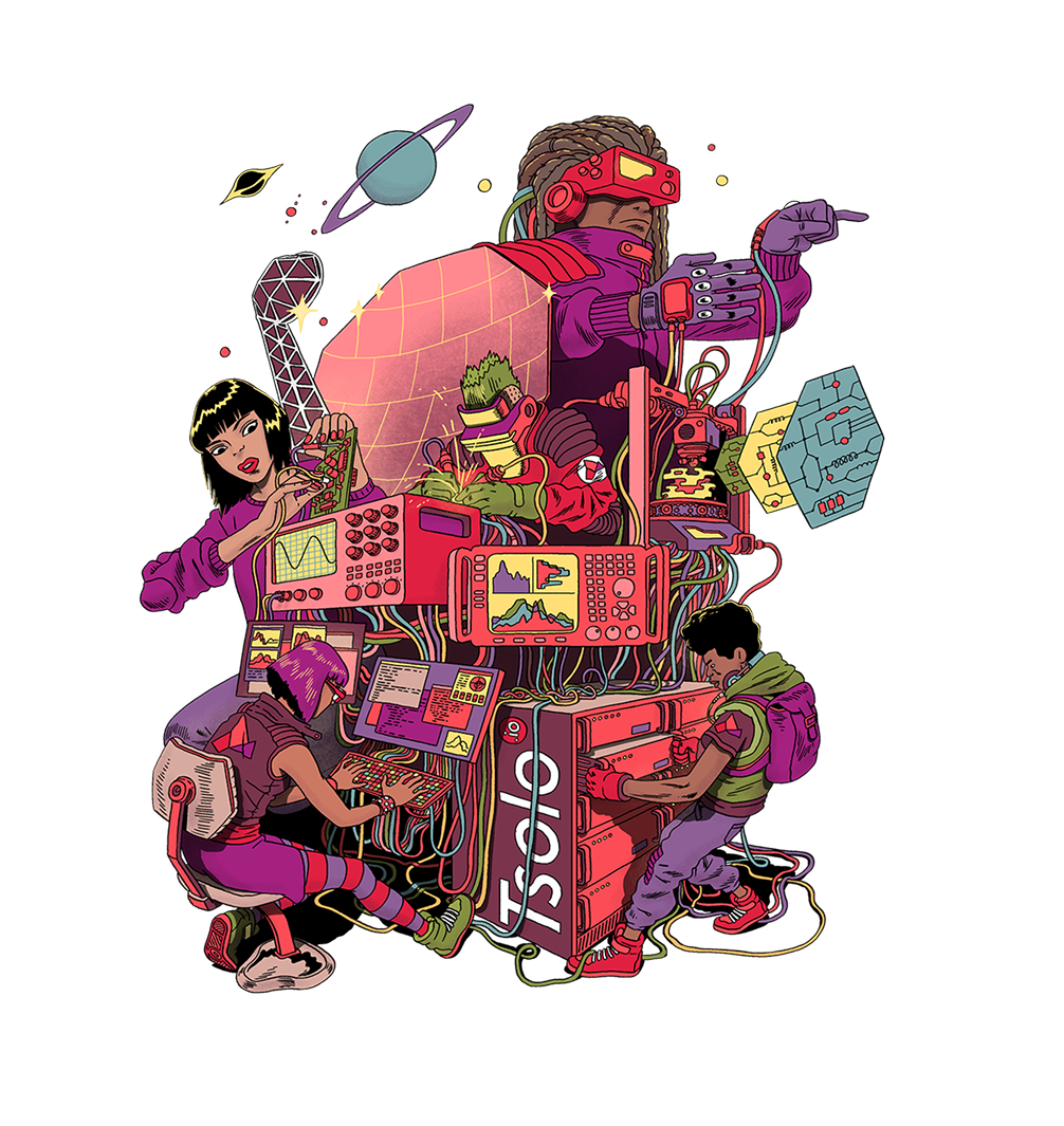 Futuristic illustration of tech with characters and computers branded Tsolo