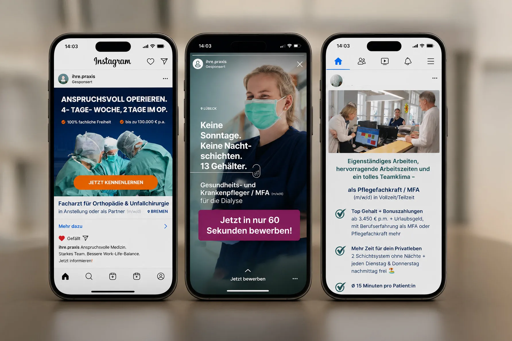 Drei Smartphones zeigen Instagram- und Facebook-Anzeigen für medizinische Fachkräfte und Pflegejobs in Deutschland.