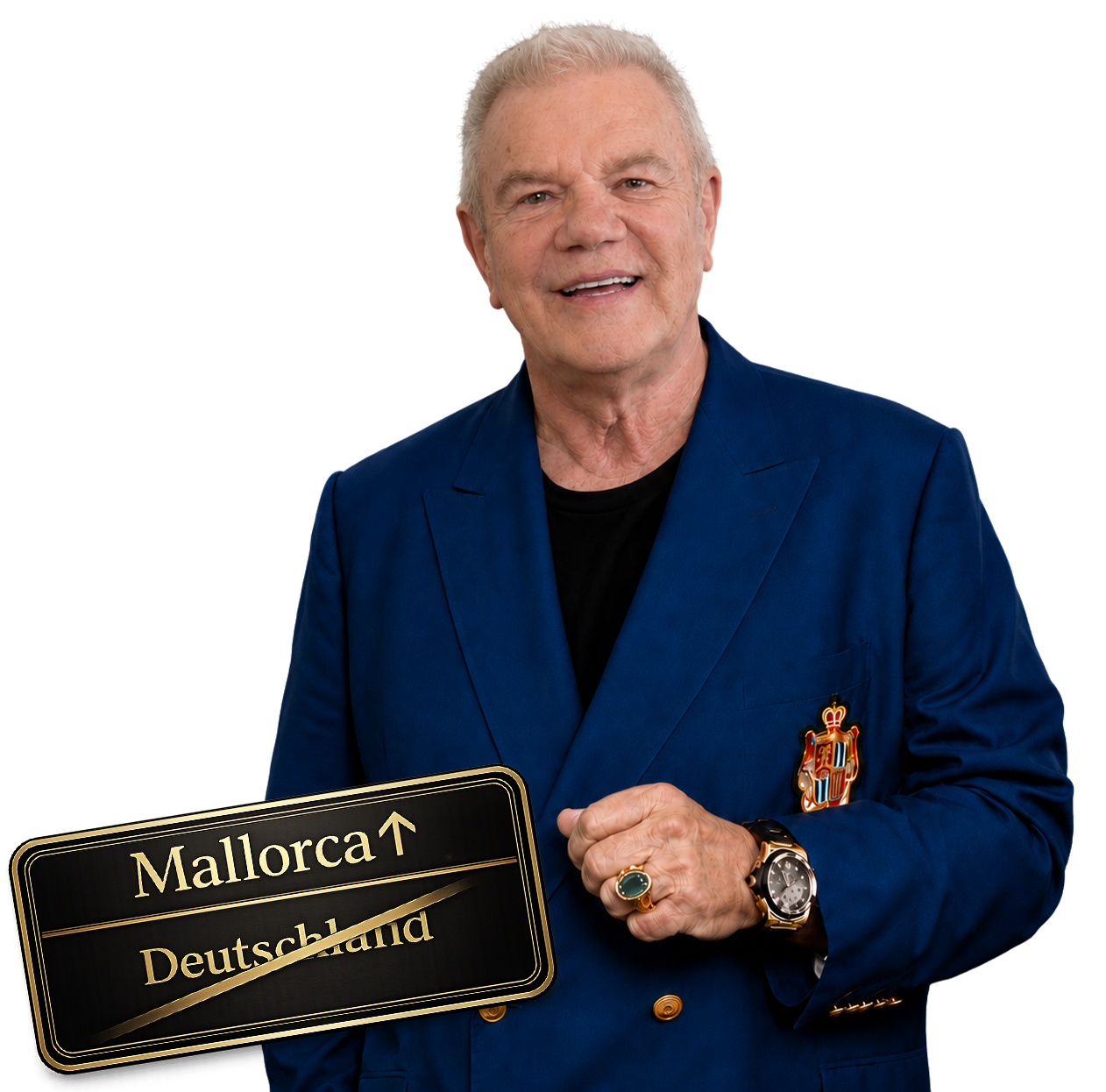 Fürst Heinz mit Mallorca-Auswandern-Schild