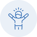 Outline of a person with raised arms and a big smile expressing confidence or happiness.