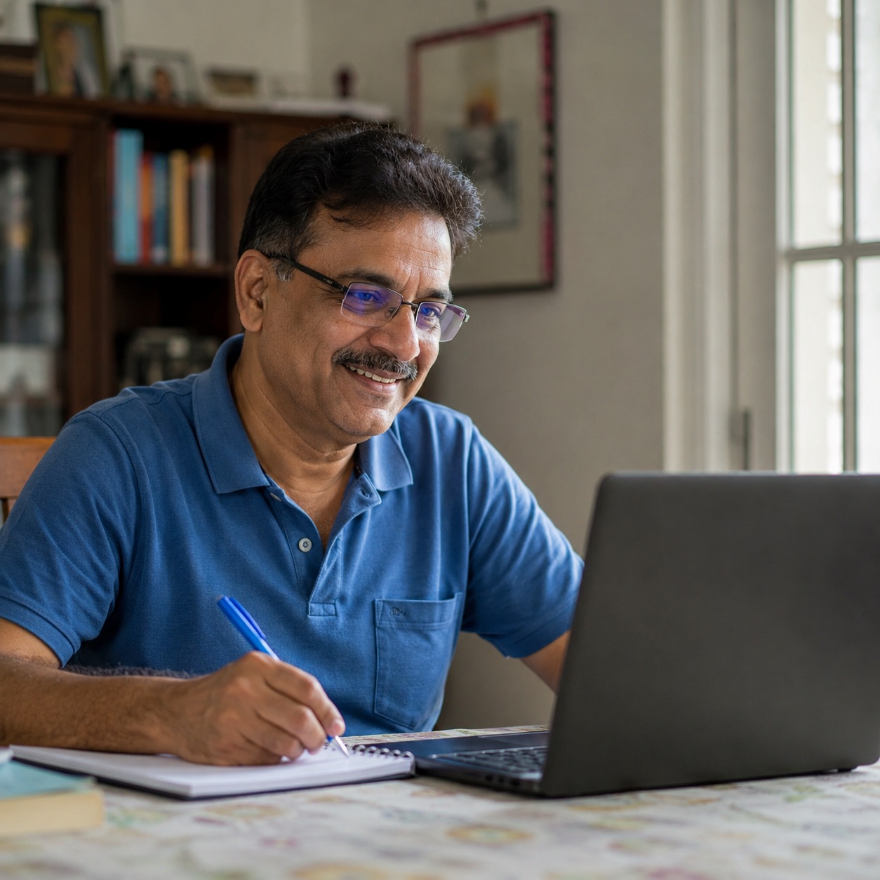 Smiling senior man with glasses typing on laptop at home with books, coffee, and sunlight.