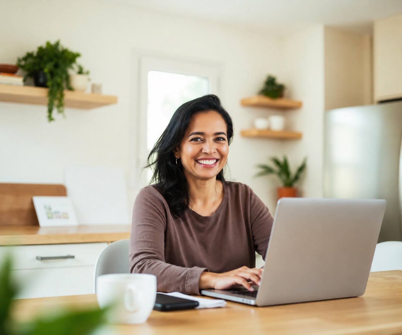 Smiling woman with dark hair using a laptop at a wooden table in a bright kitchen.