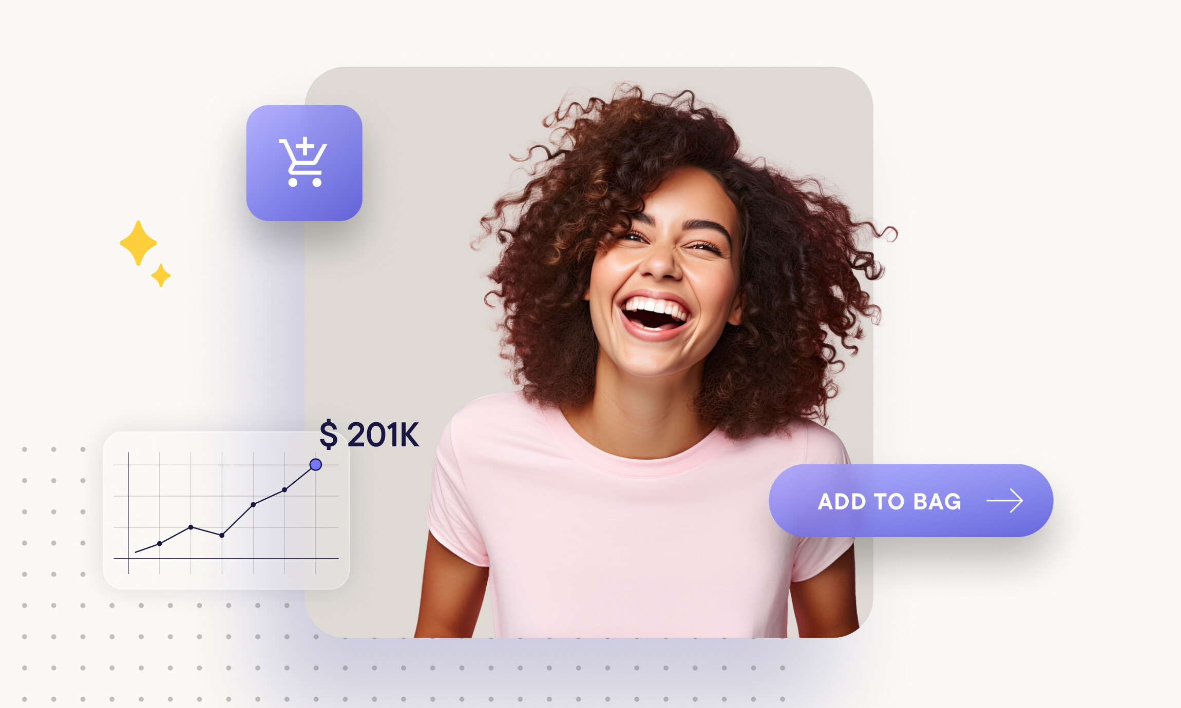 Smiling young woman with curly hair wearing a pink shirt, with an overlaid chart showing growth to $201K and a purple 'Add to Bag' button.