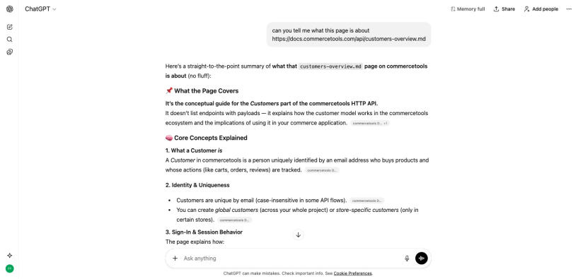 “Copy for LLM” and “View as Markdown” AI features on commercetools’ tech docs.
