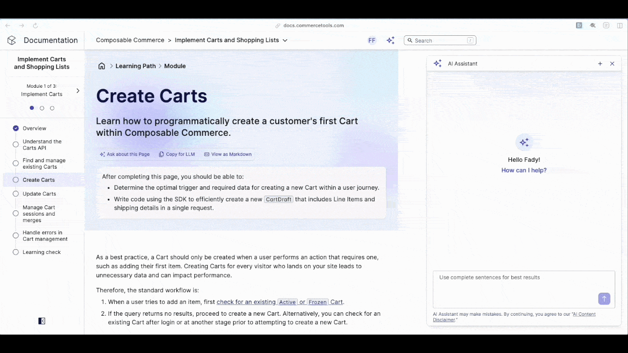 Documentation page explaining how to programmatically create a customer's first cart in Composable Commerce.