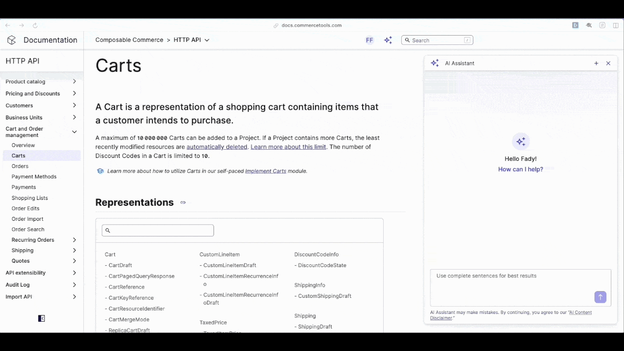 Documentation page for HTTP API showing 'Carts' section details with AI Assistant chat on the right side.