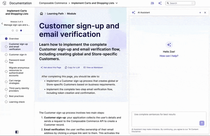 Documentation page on Customer sign-up and email verification within Composable Commerce, showing a learning path module with steps for implementing customer sign-up and email verification flow, alongside an AI Assistant chat panel greeting the user.