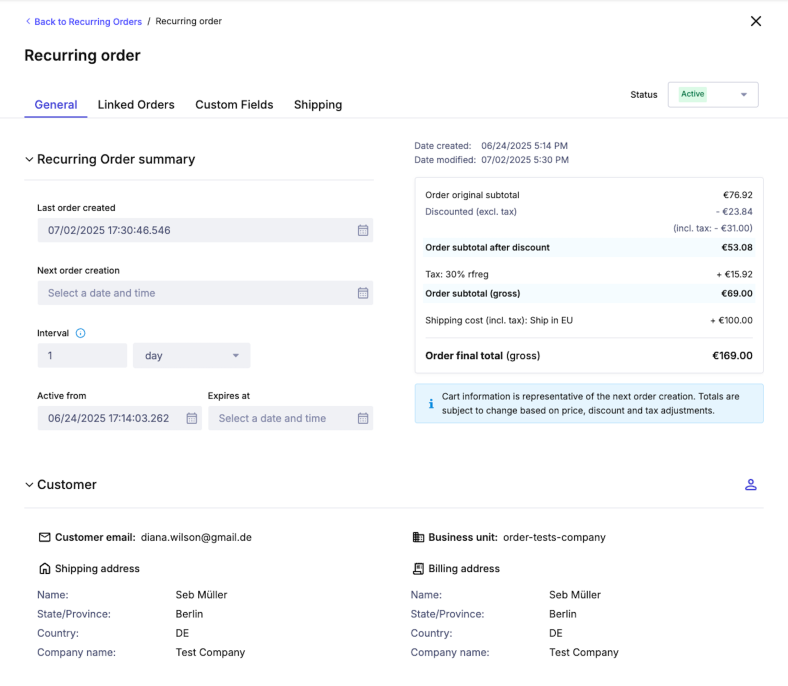 Recurring order summary for a B2B enterprise.