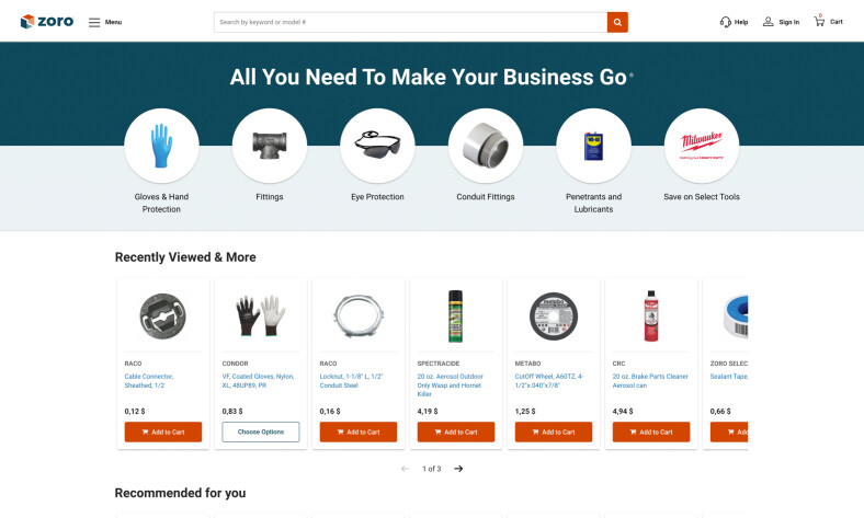 Zoro.com home page