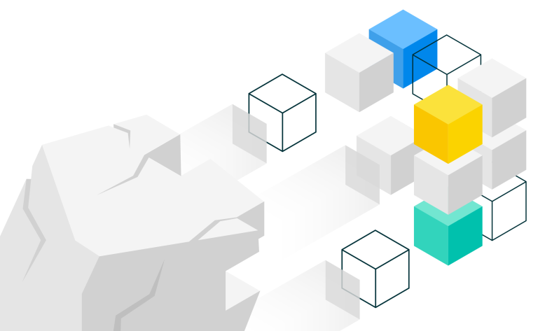 Gray monolith breaking apart into smaller white, blue, yellow, and teal cubes with outlined cube shapes, representing decomposition or modularization.