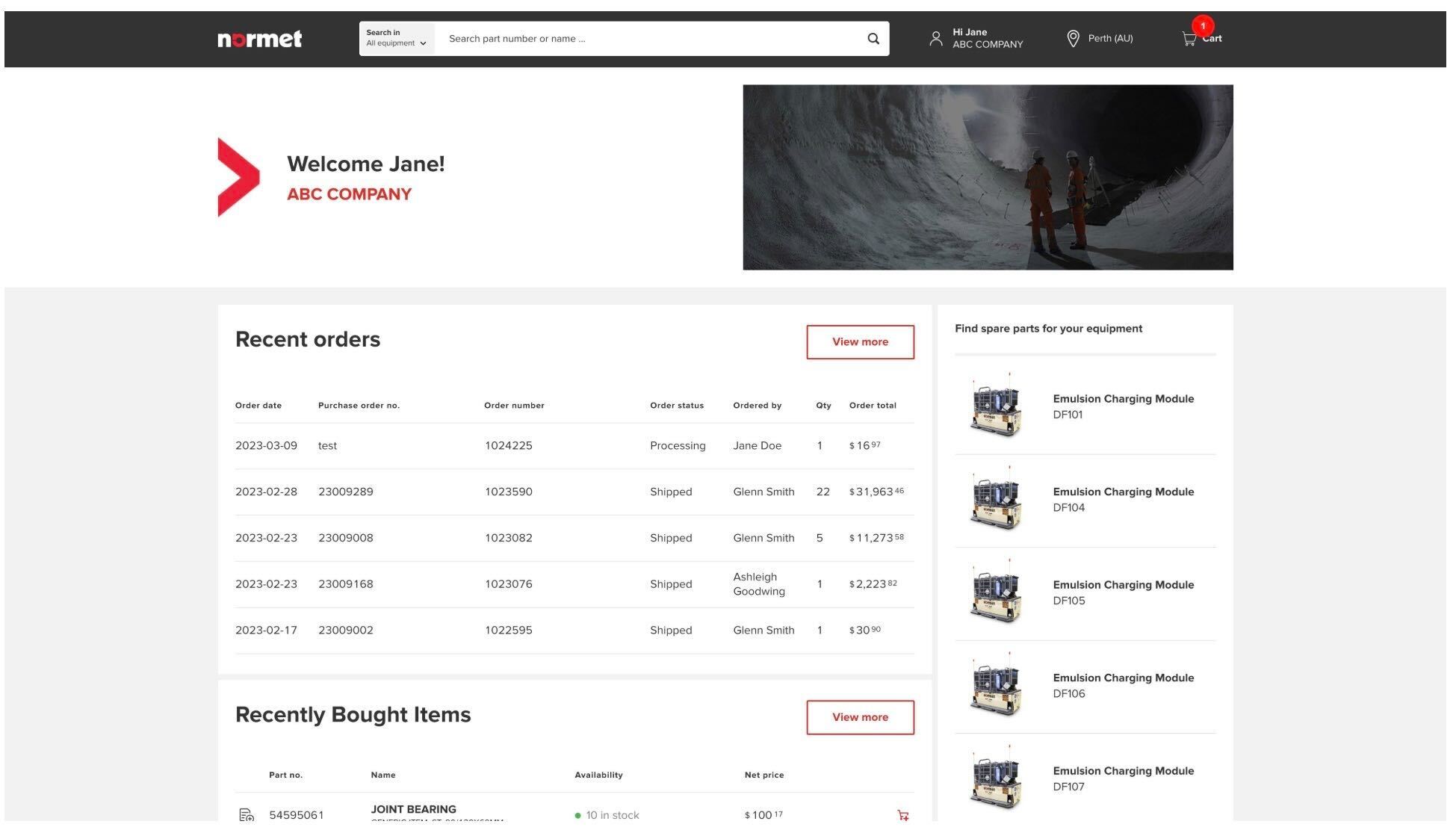 Dashboard showing recent orders, purchased items, and spare parts listings with user greeting and search bar.