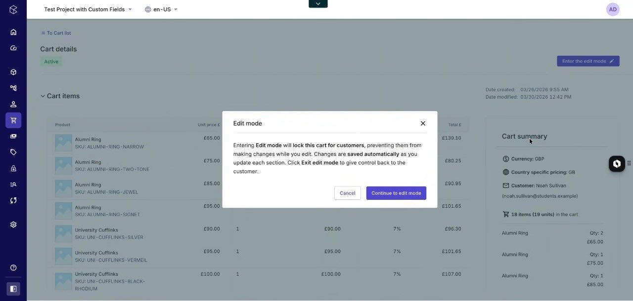 The “Edit Mode” in Assisted Selling locks the buyer’s cart and enables sales reps to perform a wide range of actions on behalf of the customer.