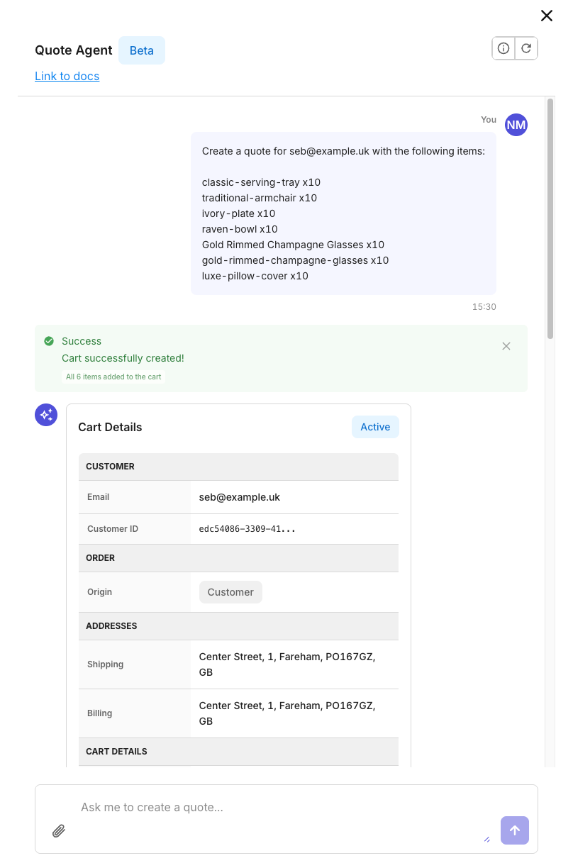 Chat showing a Quote Agent creating a customer cart with six items and their address details.
