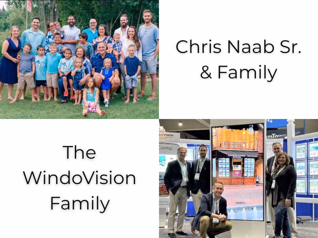 Group photo of Chris Naab Sr. and family outdoors and four WindoVision team members at a conference booth.