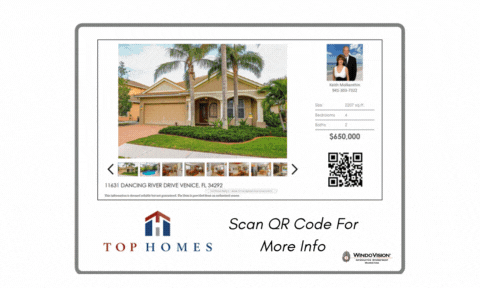 Real estate listing with house photo, agent info, price, QR code, and text to scan for details.