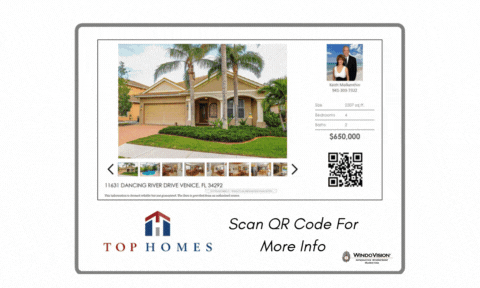 Real estate ad showing a house photo, details, QR code, and agent info for a $650,000 home.